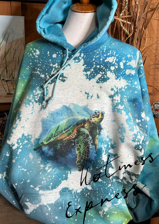 Water Color Turtle Graphic Dyed and Bleached Hoodie
