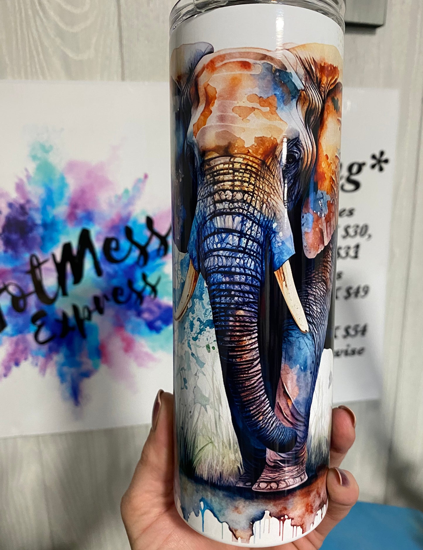 Watercolor African Elephant on White with duo lid Mom Skinny Tumbler