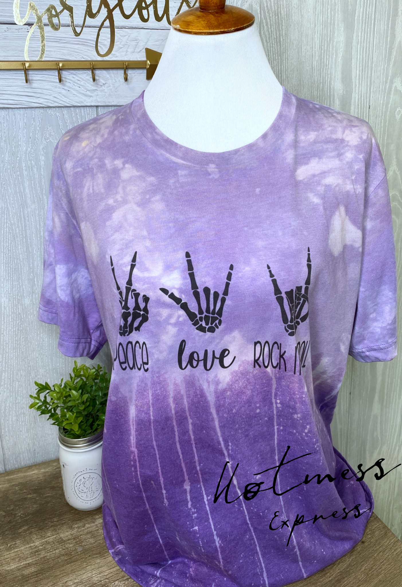 Peace Love Rock and Roll Purple Graphic Tee Ice Dye