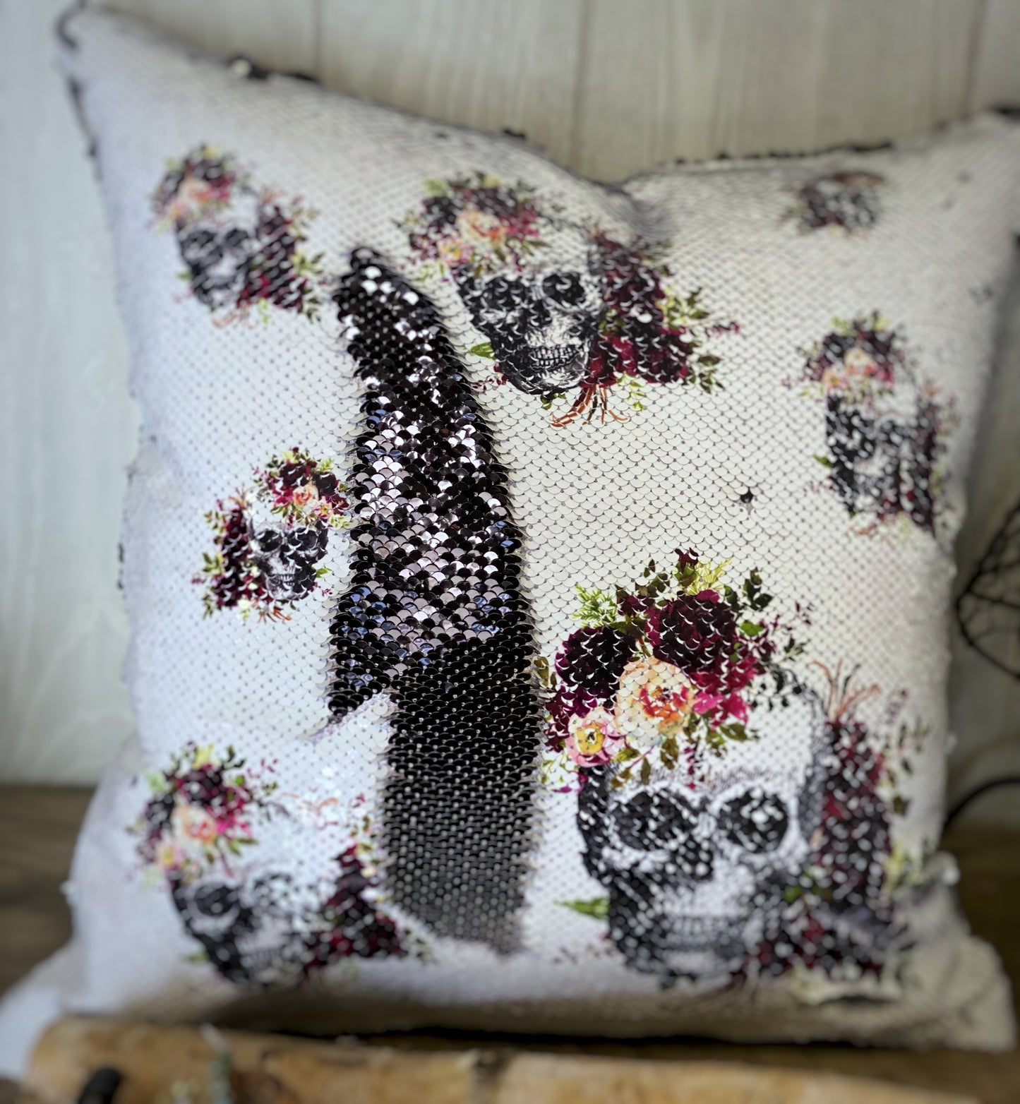 Skulls & Roses Printed Sequin Throw Pillow Covers (Qty 1)