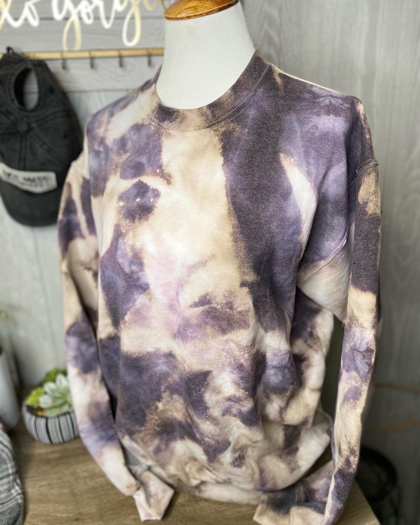 Artisan Hand Dyed Crewneck Sweatshirt Purple, Black and Beige/White