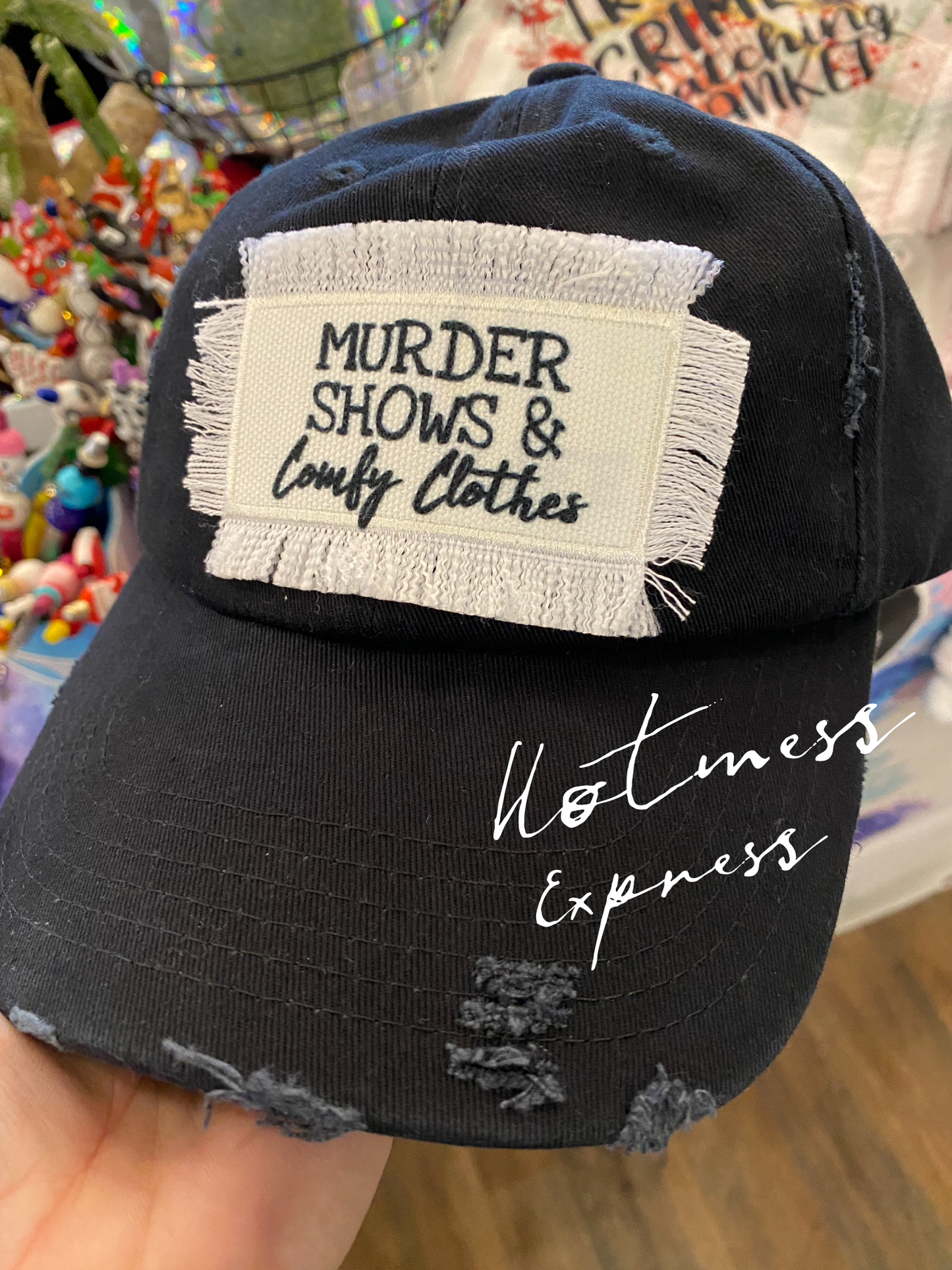 Murder Shows and Comfy Clothes Distressed Ball Cap NON Ponytail hats