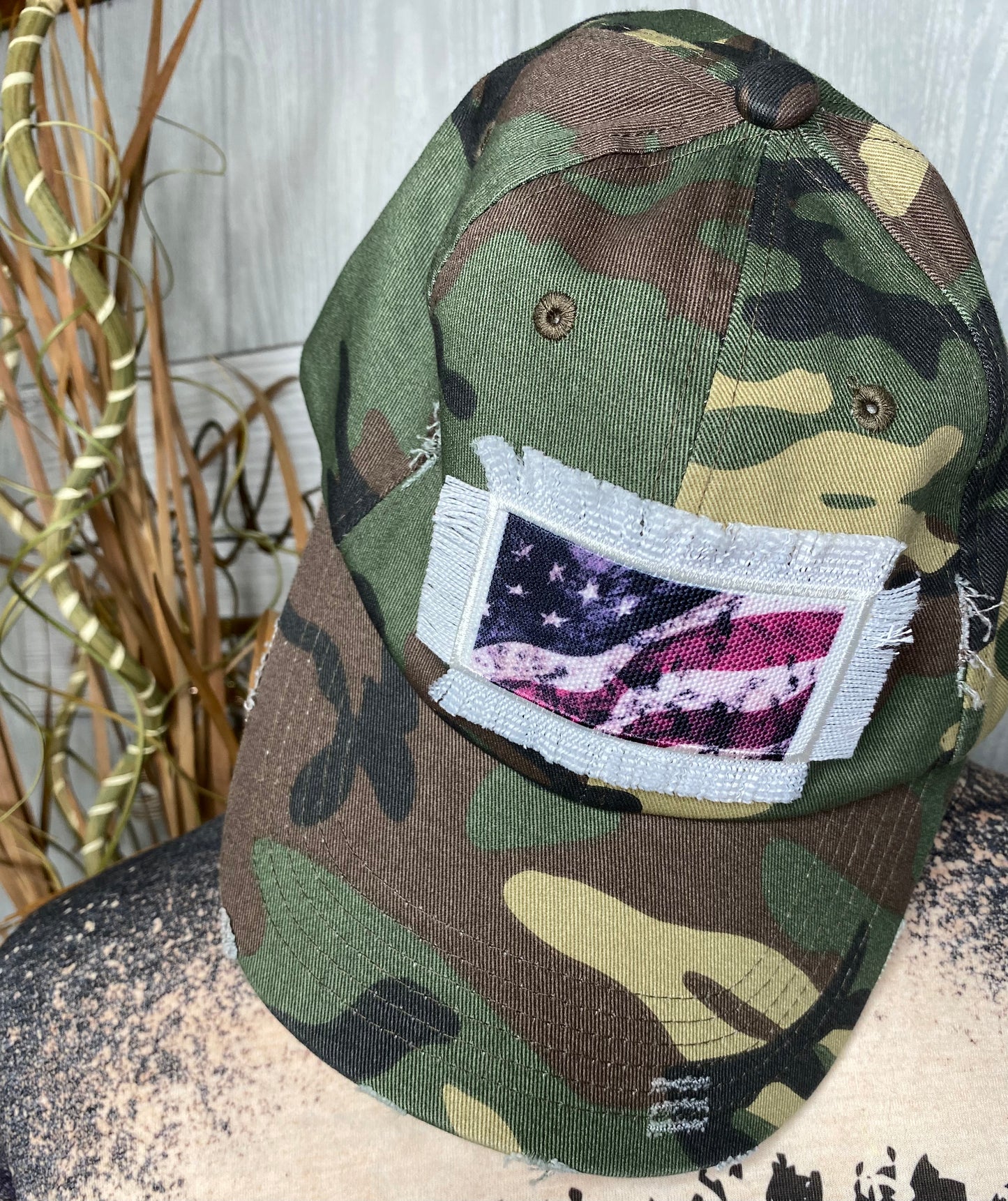 American Flag Camo Distressed Ball Cap NON Ponytail hats custom patch