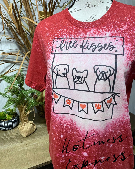Free Kisses Dog Kissing Booth Red Valentine’s Bleached Graphic Tee