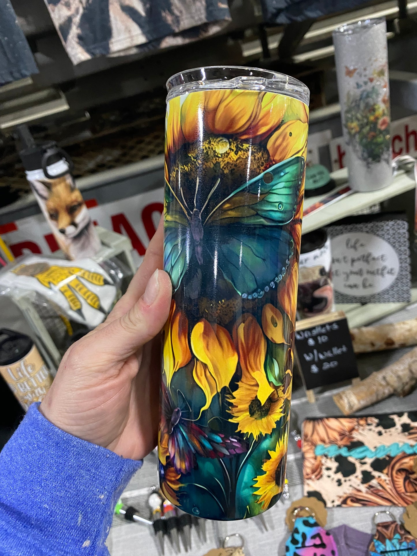 Sunflowers & Butterflies with duo lid Mom Skinny Tumbler or Can Cooler