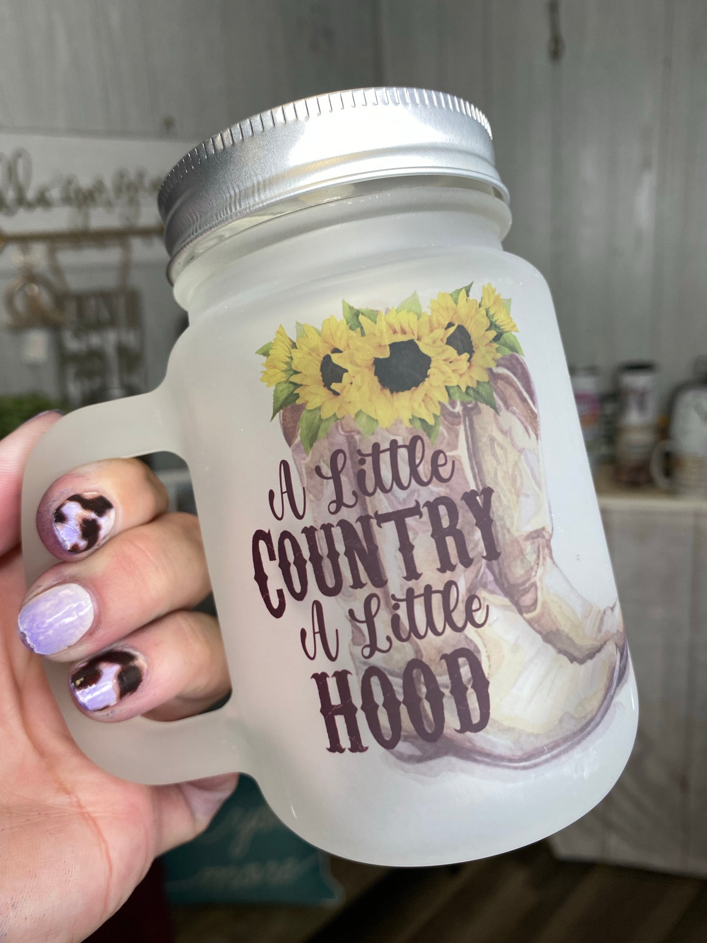 A Little Country A Little Hood 12 oz Frosted Printed Jar Mug with Straw