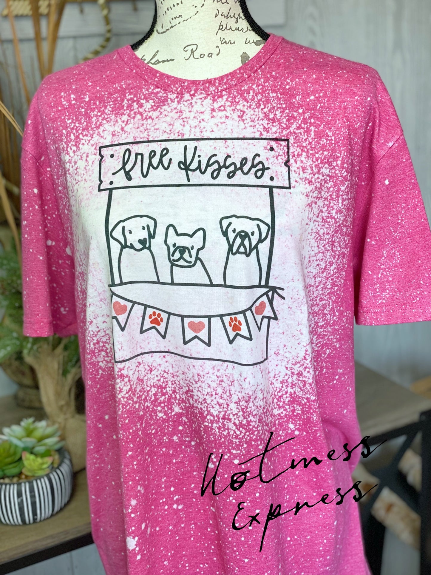 Free Kisses Dog Kissing Booth Pink Valentine’s Bleached Graphic Tee