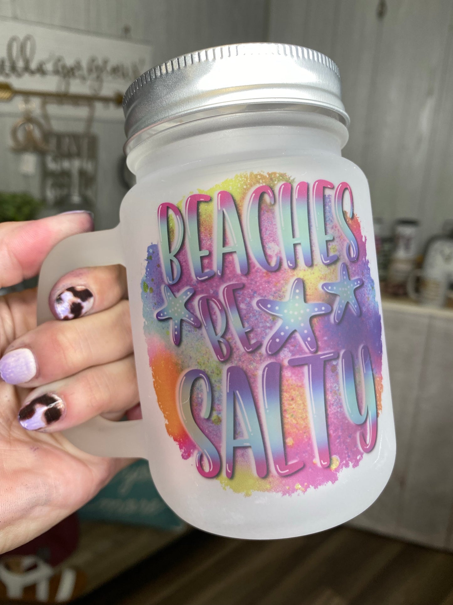 Beaches Be Salty 12 oz Frosted Printed Jar Mug with Straw