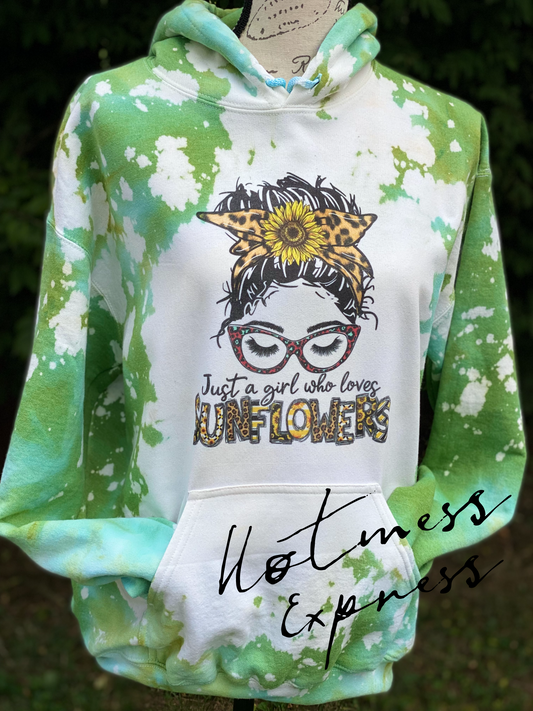Just a Girl Who Loves Sunflowers Hand Dyed Graphic Bleached Hoodie
