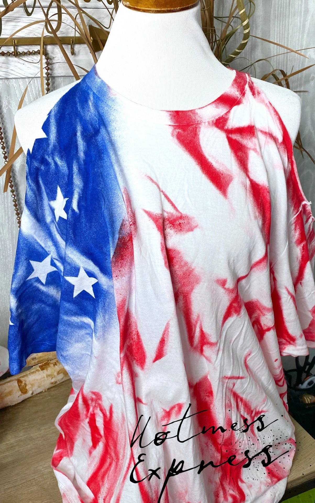 Red White & Blue Flag RWB Tie Dyed Cold Shoulder Graphic Tee