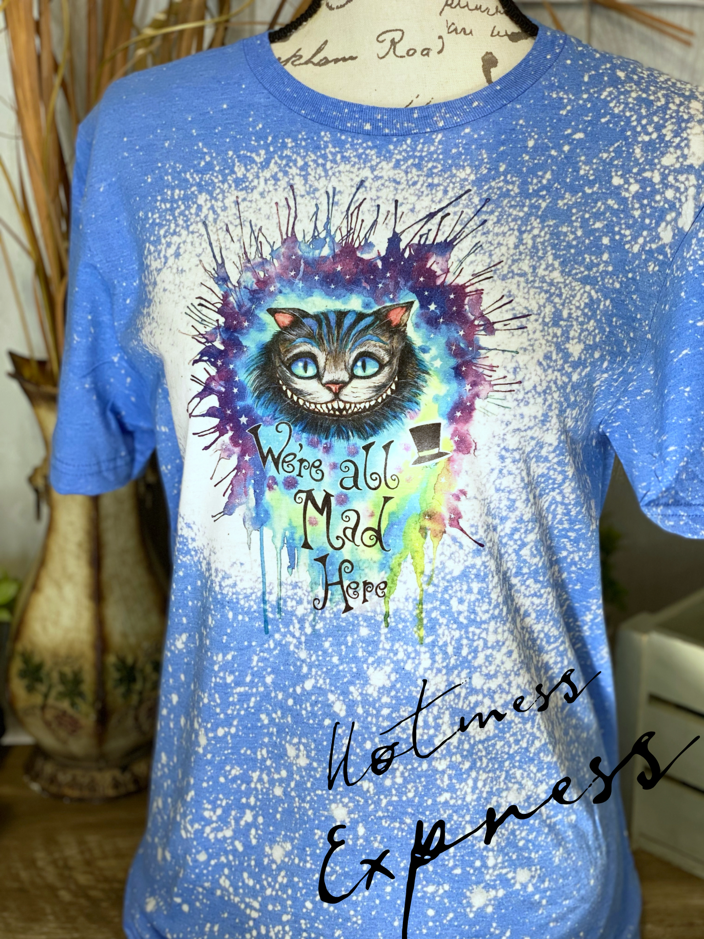 We’re all Mad Here Watercolor Cat Graphic Tee Bleached