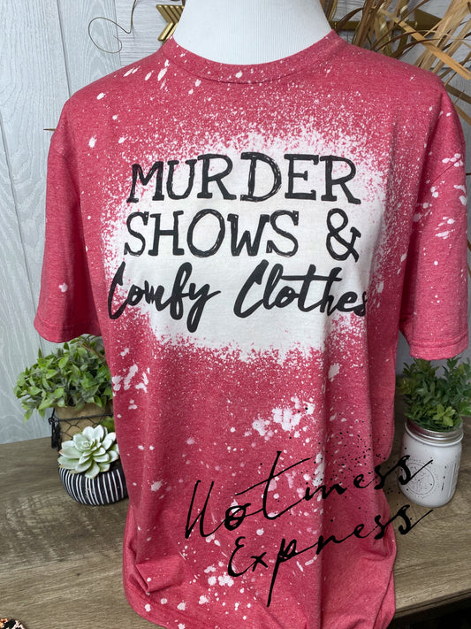 Murder Shows & Comfy Clothes on Red Bleached Graphic Tee