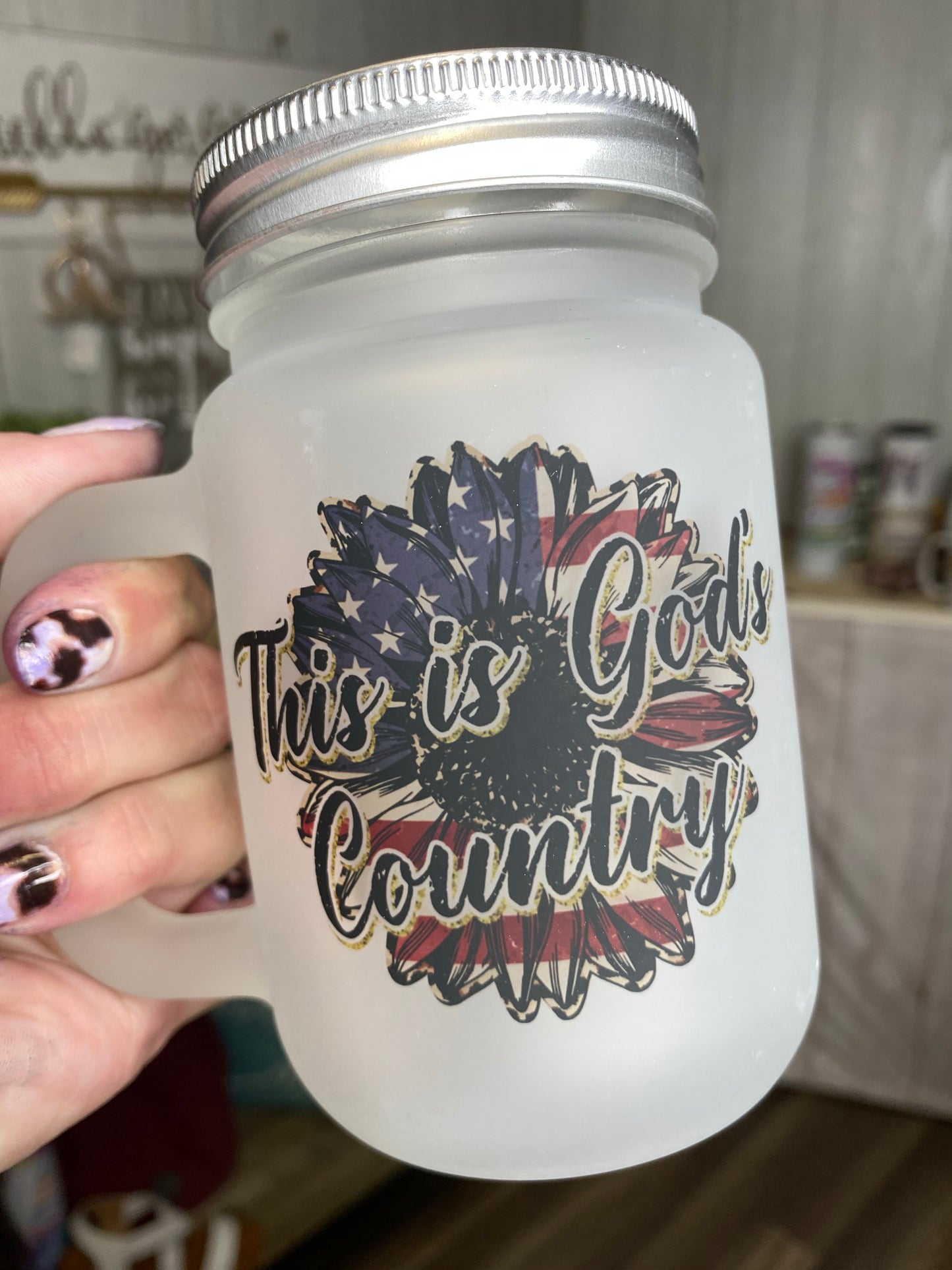 This is God’s Country 12 oz Frosted Printed Jar Mug with Straw
