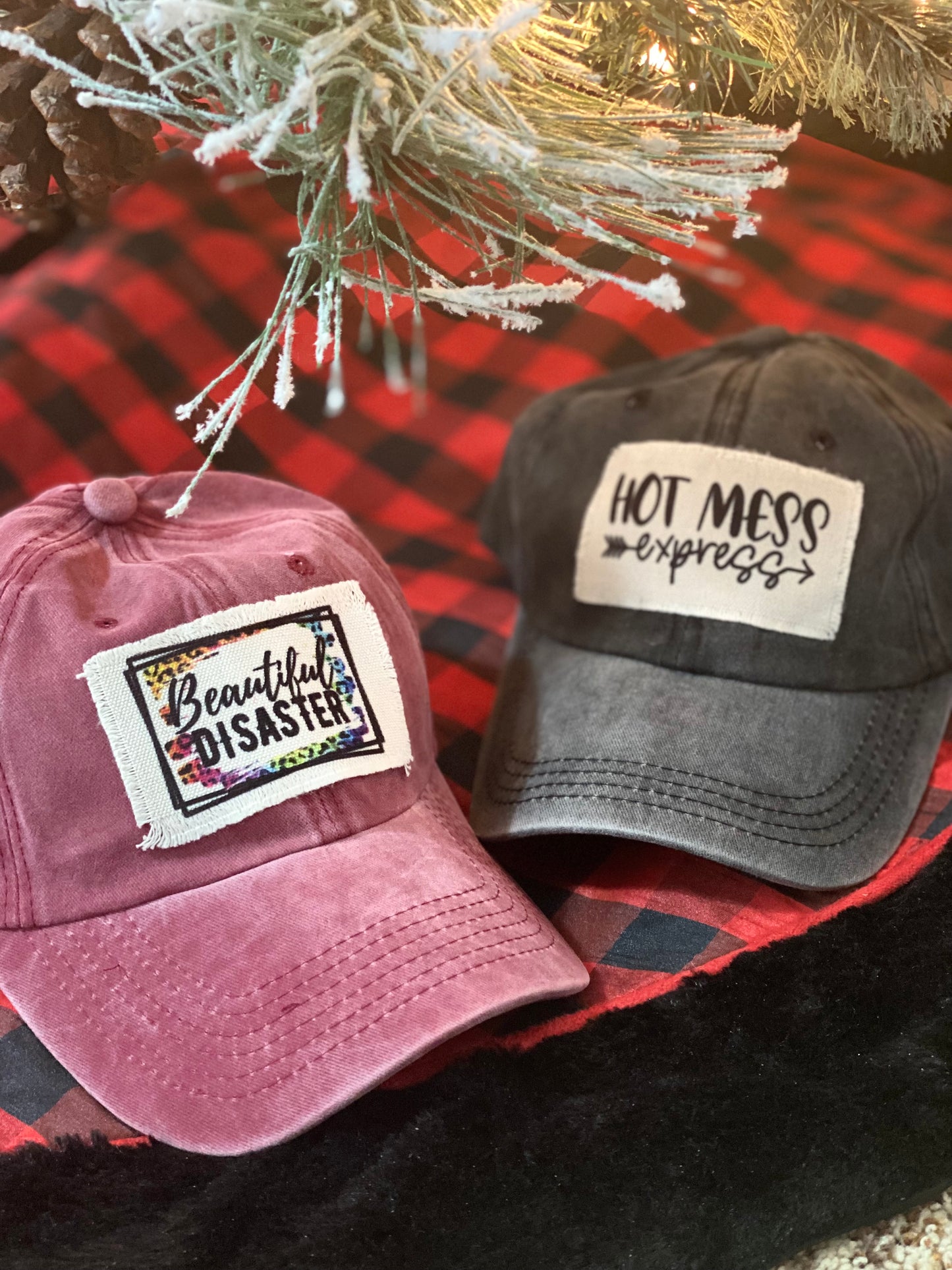 Distressed and/or acid wash Ponytail hats