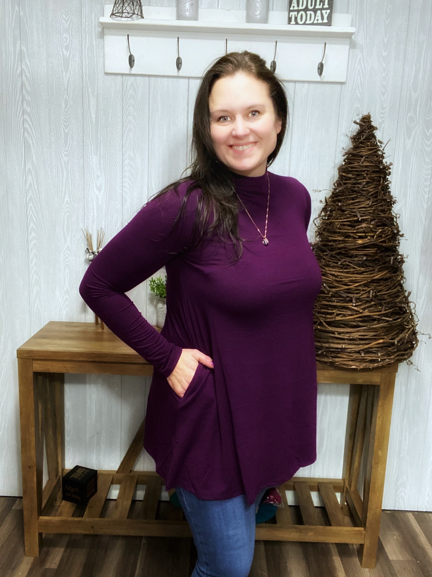 Mock Turtleneck Tunic Top with Pockets